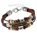 Bracciale multistrato in pelle intrecciata retrò con ciondolo a croce e perline in legno - Stile croce marrone