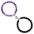 Bracciali magnetici cuore con pietre viola screpolate e perle nere opache per coppie - Pietra Venata Viola + Nero Opaco