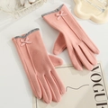 Gants d'hiver roses en laine de lapin avec bordure en fourrure grise et nœud décoratif - Papillon Ligne Latérale Bord Fourrure - Poil de Lapin Rose