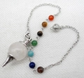 Natural white crystal pendulum pendant with seven chakra gemstones and silver chain - Rose Quartz