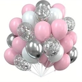 12 inch party balloons set with pink, white, metallic silver and silver confetti latex styles - Pink, White, Metallic Silver and Silver Confetti Combination (With Ribbon)