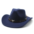 Close-up of navy wool western cowboy hat featuring leather band and silver bull skull detail - M (56-58cm) / Navy Blue