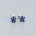 925 silver flower stud earrings featuring dark blue zircon with secure ball screw backs - White Gold (Blue Stone)