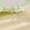 Elegant silver tassel earrings featuring rectangular zircon and slim spiral drop chains - Square Diamond Wave Ear Threader