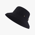 Women's black sun hat with wide brim, side decorative straps and metal buttons - Adjustable / Black