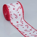 Detail of Christmas wired faux linen ribbon featuring candy cane and snowflake prints - White Red Candy Cane Snowflake (Style 1)