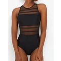 Elegant black one-piece swimsuit featuring sheer mesh stripes and a halter neck design - S / Black