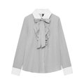 Women's grey striped shirt with white contrast collar, ruffles and a large bow tie - XS / Grey and White Stripes