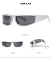 Viste dettagliate di occhiali da sole da ciclismo argento e neri con design aerodinamico - C3. Cornice Grigio Argento Con Dettagli Grigio Scuro.