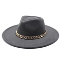 Dark gray wide brim wool fedora hat with gold metal chain decoration for autumn and winter - One Size 58cm / Dark Gray