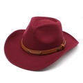 Detail of burgundy felt cowboy hat with brown leather belt and metal buckle decoration - M (56-58cm) / Burgundy