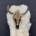 Brown and white faux bone bull skull pendant with silver plated metal edges and horns - No.4 Brown White with Silver Horns