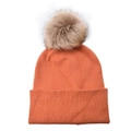 Detailed texture of orange knitted beanie with fluffy raccoon fur pompom and folded cuff - Orange (With Faux Fur Pom-pom)
