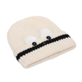 Bonnet tricoté pour femme avec motif chien, pompons et yeux en boutons noirs en blanc crème - Blanc Cassé Rayé Noir(E)