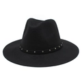 Classic black wool fedora hat with silver metal studs and medium flat brim for men - M(56-58cm) / Black