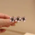 Elegant triple flower hair clip with grey-purple silk texture and dark rhinestones - 5cm - Pink Resin Three Flowers Spring Clip