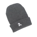 Detail of dark grey ribbed knit beanie showing white embroidered logo and fabric texture - Dark Gray