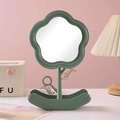 Green flower-shaped desktop makeup mirror with storage base and golden bird ornament - Green