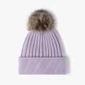 Lavender purple knitted beanie hat with brown faux fur pom pom and ribbed texture - One Size / Purple