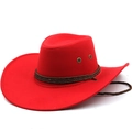 Detail of red wool felt cowboy hat featuring gold eyelets and brown braided rope trim - Red