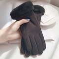 Women's black thermal faux suede gloves with plush faux fur trim and touchscreen function - One Size / Black Fleece Trim