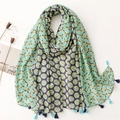Blue and purple cotton linen scarf with yellow mandala dots and tassel fringe trim - Lake Blue and Purple Circle Print Tassel Style (SL2210-025) / 180*85CM