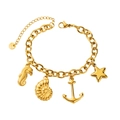 Detail of gold stainless steel bracelet with seahorse, shell, anchor and star charms - Seahorse