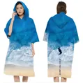 Quick-dry surf poncho with blue ocean beach print and hooded zip design for swimming - One Size / Pocket Style - Coastline