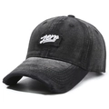 Distressed dark grey denim baseball cap with white Zero embroidery and ripped brim detail - Zero Embroidery / Black