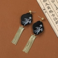 New Chinese style fan pearl tassel earrings with black cloud motifs and gold fringe - Moonlight Bamboo H1685
