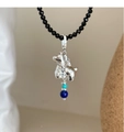 Detail of Scottish Terrier pendant with turquoise beads on black beaded necklace chain - Scottish Terrier Pendant Style (WN1681) / Black Beaded Chain - Silver Pendant