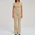 Women's khaki yoga set featuring V-neck short sleeve top and high-waisted flare leggings - S / Top And Bottom / Light Camel