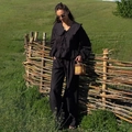 Women's two-piece black cotton set with doll collar blouse and wide-leg pants - S / Black