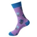 Purple cotton crew sock with blue floral patterns and blue accents on a white background - Purple Floral Pattern (1188)