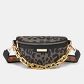 Women's leopard print waist bag with chunky gold chain and colorful stripe strap - Leopard Print Black