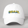 Detail of BRASIL embroidery on a white cotton baseball cap with a curved brim design - Adjustable / White