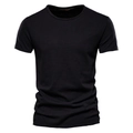 Detailed close-up of black slub cotton fabric texture on a men's V-neck T-shirt - S / Crew Neck / Black