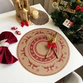 Round jute Christmas placemat with red reindeer print and festive pom-poms - Style 3 Red