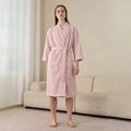 Pink waffle knit hotel bathrobe for women featuring white piping and a belted waist - Dusty Pink (Women)