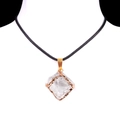 Necklace with iridescent crystal cube pendant and golden metal edge on black cord - White (Gold)