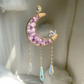 Macro detail of crescent moon suncatcher with purple amethyst stones and rainbow prisms - Deep Purple Amethyst Style (H3)