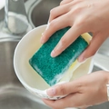 Dual-sided kitchen sponge with green scouring pad and yellow sponge cleaning a bowl - Standard Square / Yellow and Green
