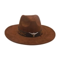 Brown wool felt cowboy hat featuring silver bull head buckle and black leather band - Coffee