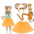 Brown monkey costume set with plush ears, tail, paws, and orange tutu skirt for kids - Yellow Monkey 5-Piece Costume Set