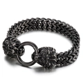 Vintage oxidized stainless steel double lion head bracelet with thick woven chain - Retro Black Lion Head (KB144488-KFC)