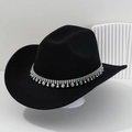 Black cowboy hat with silver metal chain and iridescent rhinestone fringe tassels - Black