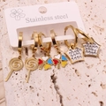Three-pair stainless steel earring set featuring gold spiral, colorful clover, and star studs - Style 6