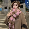 Brown and pink plaid mohair scarf with thick knit fringe for cozy winter fashion - Small Pink (Celebrity Style)
