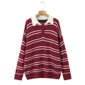 Women's knit polo sweater with burgundy stripes, white collar and ribbed long sleeves - S / Red