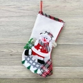 Mini burlap Christmas stocking with Santa Claus character and red plaid accents on wood - Burlap Fence Large Stocking (Snowman)
